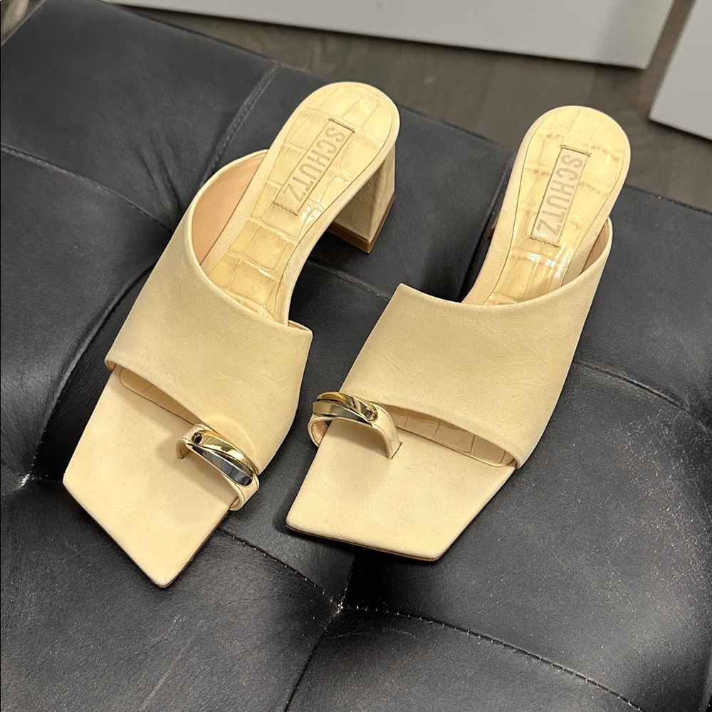 SCHUTZ Cream Mules with Gold Detail